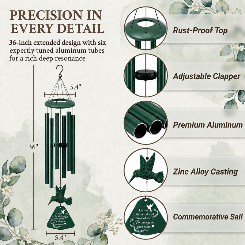 36" Memorial Wind Chimes for Outside, Sympathy Gift for Loss