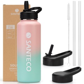 SANTECO Insulated Water Bottle with Straw 1900ml/64oz Stainless Steel Leak-proof Thermos with Handle Lid Large Capacity Sport Drink Bottles