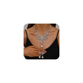 XFSRG Jewellery Set with Zircon for Women Wedding Jewellery Bridal Rhinestone Crystal Necklace with Stones Bracelet Pendant Earring Set Wedding Jewellery Set Prom Costume Jewellery Set Bridal Wedding