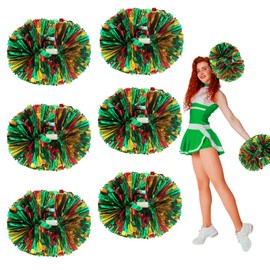 6 Pcs Gold Green Red Metallic Cheerleading Pom Poms, 12Inch Cheerleader Pompoms with Baton Handle for Kids Adults School Team Sports Games Dance Cheering