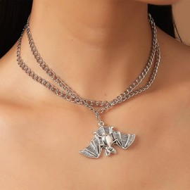 TseenYi Bat Necklace Silver Bat Pendant Necklace Heavy Chain Layered Choker Necklace Vampire Bat Animal Necklace Punk Chunky Chain Dark Necklace Jewellery for Women, Zinc