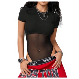 Milumia Women's Sheer Mesh Short Sleeve Bodysuit Crew Neck See Through Fitted Tee Top Black Medium