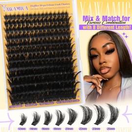 Fluffy Lash Clusters Kit Thick Volume Eyelash Clusters 12-25mm Long Lash Extension Kit Wispy Lashes Clusters D Curly Individual Lashes DIY Cluster Eyelash Extensions with Bond and Seal Lash Tweezers