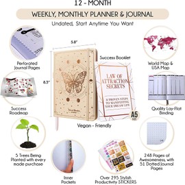 Law of Attraction Planner - Undated Deluxe Weekly, Monthly Planner, a 12 Month Journey to Increase Productivity & Happiness - Life Organizer, Gratitude Journal, and Stickers, A5