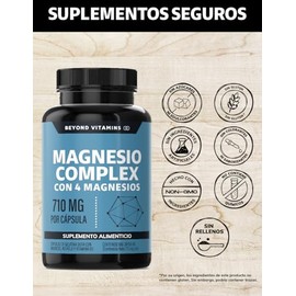 BEYOND VITAMINS Con 4 Magnesios Complex: Citrato, Glicinato, Gluconato y Óxido de Magnesio | 710 mg Puro por Cápsula | Suplemento Alimenticio Sin Rell