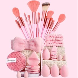 Complete Makeup Brush Full Set for Women, Includes 33 Pieces, 13 Brush Set Cosmetic, 4 Facial Tools, 16 Powder Puffs, Perfect for Travel, Home Use, Makeup Brushes Kits for Gifts:_Pink 33-piece set_one-size