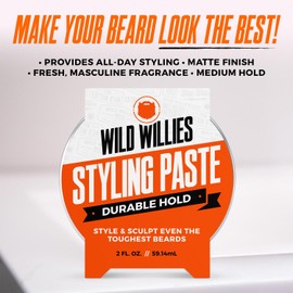 Wild Willies Beard Styling Paste - Men's Grooming Balm with Durable Medium Hold, Hydrates & Tames Flyaway Facial Hair - Non-Greasy, Matte Finish Beard Cream - Essential Beard Care for Men, 2 fl oz