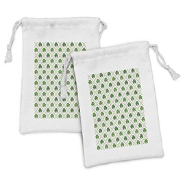 Ambesonne Irish Fabric Pouch Set of 2, 4 Leaf Shamrock Clover Flowers Dotted Dashed Lines National Culture Artwork, Small Drawstring Bag for Toiletries Masks and Favors, 9" x 6", White Green