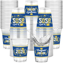 Graduation Decoration Class of 2026, 50 Pcs Blue Gold Disposable Transparent Plastic Cups for Graduation Ceremony, 2026 Grad Beverage Cup Party Decorations Supplies