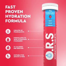 O.R.S Hydration Tablets with Electrolytes, Vegan, Gluten and Lactose Free Formula – Soluble Sports Hydration Tablets with Natural Strawberry Flavour, 12 Tablets