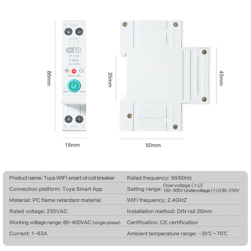 Jadeshay Tuya Smart WiFi Circuit Breaker, 1P 63A Switch, WiFi