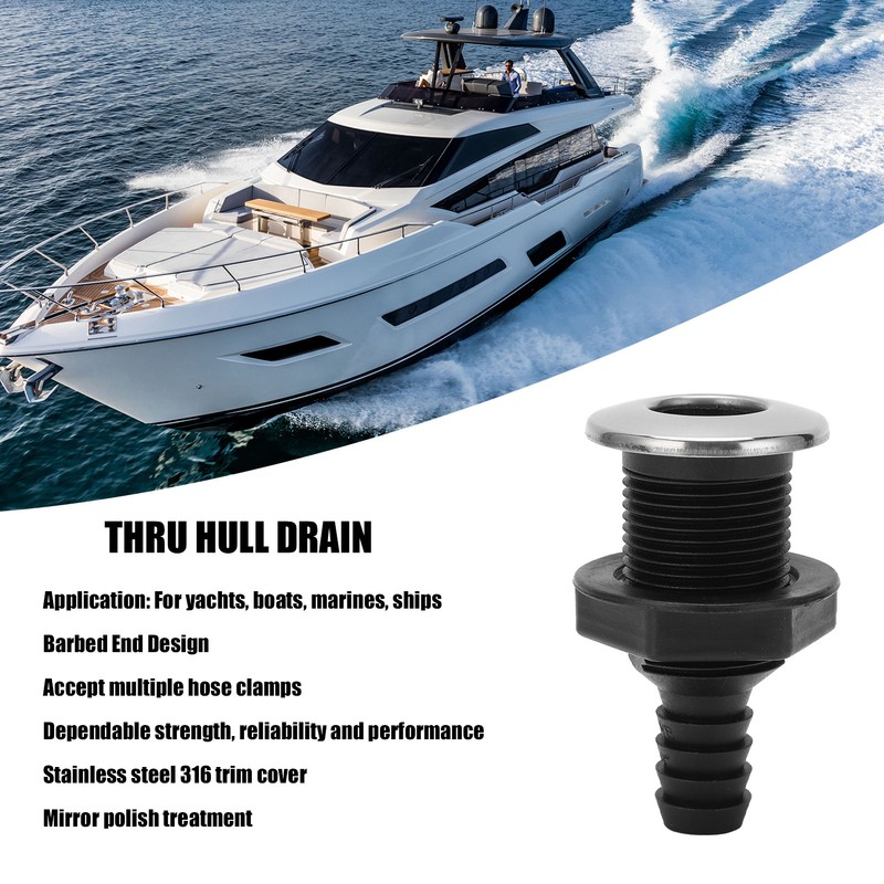 Boat 3/4in Through Hull Scupper Drain Straight Black with Stainless