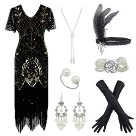 Women 1920S V Neck Sequined Beaded Gatsby Flapper Dress with 20s Accessories Set (XXXL, Style Flora 2 Black Gold)