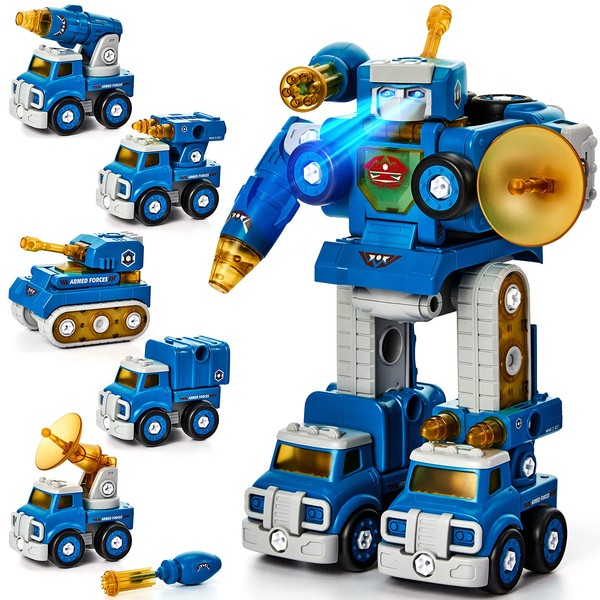 hahaland 5 Year Old Boy Birthday Gift Ideas - 5 in 1 STEM Toys for Boys 4-6, Take Apart Armored Fighting Vehicles Transform to Robot Toys for 5 Year Old Boys - Building/Construction Toys for Ages 5-7