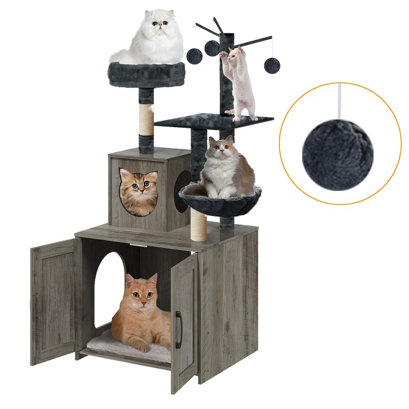 Cat Tree with Litter Box, Wood Litter Box Enclosure with