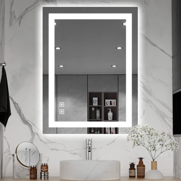 SHUAFA LED Mirror for Bathroom, 24x32 Inch Backlit + Front Lighted Bathroom Vanity Mirror with Lights for Wall, Double Light Strips, 3 Colors, Shatter-Proof, Anti-Fog and Brightness Memory
