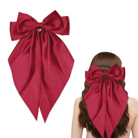 Big Bow Hair Clip, Large Bowknot Hair Barrette with Long Ribbon, Solid Color Silky Satin French Hairpin, Vintage Red Metal Hair Bow Hair Styling Accessories for Christmas Party