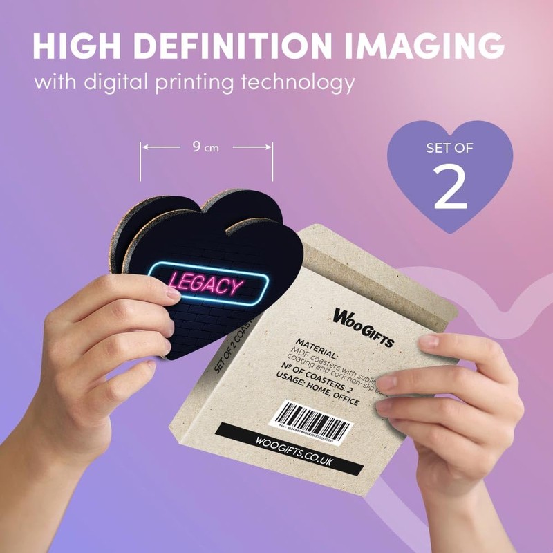 2 x Heart Coasters - Neon Sign Design Legacy Name