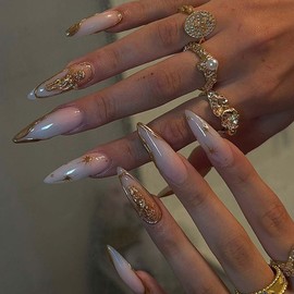 Gold Press on Nails Almond Fake Nails with Design Long Length False Nails Press ons Reusable Acrylic Nail Full Cover Glossy Glue on Nail Stick on Nails for Women Manicure 24 Pcs