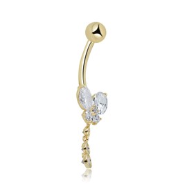 AVORA 10K Yellow Gold Simulated Diamond CZ Dangling Butterfly Belly Button Ring Body Jewelry (14 Gauge)