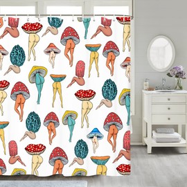 Uokiuki Funny Mushroom Butt Shower Curtain, Fun Cute Sexy Butt 70S 80S Fabric Curtains for Bathroom Hippie Psychedelic Aesthetic Colorful Unique Cool Cloth Curtain with 12 Hooks 70X70IN