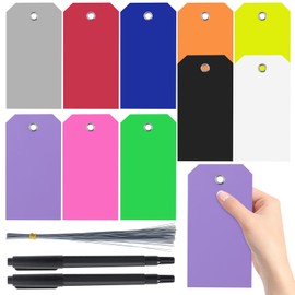 Swpeet 302Pcs 10 Colors 6.29"x3.14" Waterproof Writable Eyelet Hole Plastic Tags with Wires and Marker Pen Assortment Kit, Hanging Tags Attached Eyelet Blank Tag for Labeling Identification