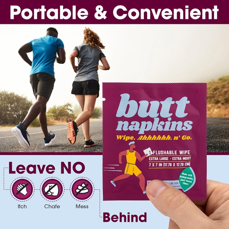 Butt Napkins - Water-Based Flushable Wipes, Individually Wrapped, For On-The-Go