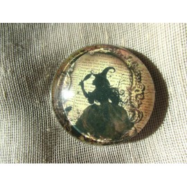GLASS DOME PIC BUTTON "ANTIQUED" SILHOUETTED WITCH #5 W MIRROR  -- ROUND 30mm