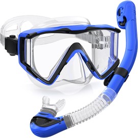 Zeligerstar Adult Snorkeling Set, Improved Diving Mask and Snorkel, Dry Top Snorkel Mask Set, Professional Adult Snorkeling Gear for Swimming Diving Scuba (Transparent) Blue