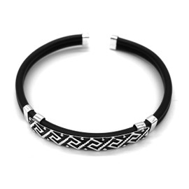 TClaudia, Pulsera de plata para hombre con piel color negro, accesorio ajustable. Placa con grabado artesanal y terminales en plata 925. Esclavas, Pulseras y Brazalete hombre.