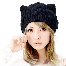 Tuopuda® Katze Ohren geformt Damen Mädchen häkeln Stricken Ski Hut Warm Beanie Wollmütze Wintermütze Strickmütze (Schwarz Katze Ohren)