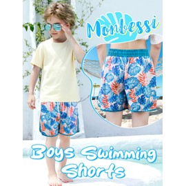 Monbessi Boys Swimming Shorts with Pockets 2 in 1 Quick Dry Boys Swimming Trunks Comfortable Linning, Elastic Waist 5-12 Years(XS, Colorful Leaves)