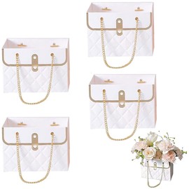 NADUSEP 4 PCS Flower Paper Gift Box, Bouquet Storage Bucket Florist Handbag with Metal Chain Floral Bouquet Wrapping Basket, Gift Wrap Bags for Wedding, Birthday, Celebrating, Valentine's Day, Mother's Day, Bridal Shower, Anniversary, Thanksgiving, Chris