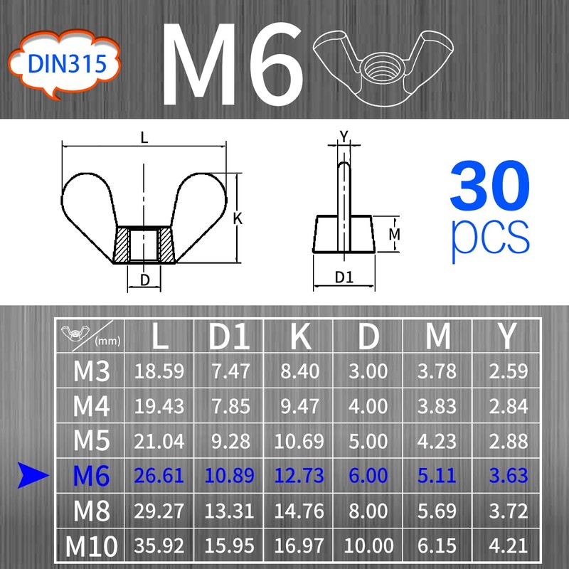 SWTYExt DIN 315 Wing Nut M6, Pack of 35 Butterfly