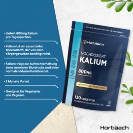 Potassium High Dose of Potassium Citrate, 120 Vegan Tablets, 800 mg per Day, Potassium Citrate, for Blood Pressure, Muscle Function and Nervous System, Horbaach