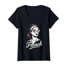 Womens French Vintage Chic Flag Artwork Culture Paris V-Neck T-Shirt