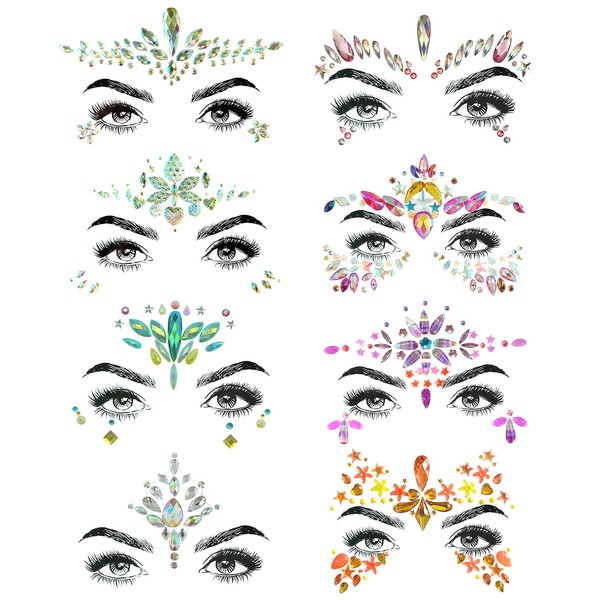 SHINEYES 8 Pcs Music Festival Face Jewels, Rhinestone Rave Face Gems Glitter,Crystal Birthday Party Festival Face Sticker, Eyes Face Body Temporary Tattoos for Festival Party