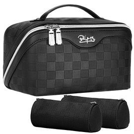 BOYATU Travel Makeup Bag Organizer Cosmetic Bag: 3 Pcs Set Make up Bags for Women with Handle - Waterproof Vegan Leather Toiletry Bags with Comparments (01-Black)