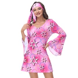 frawirshau Disco Outfit Women Disco Dress 80s Outfit for Women Hippie Clothes for Women Disco Cosplay Outfits Costume Pink Size M
