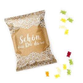 Logbuch-Verlag 25 Small Gummy Bear Bags Beige White Schön dass Du da bist Table Decoration Guest Gift Wedding