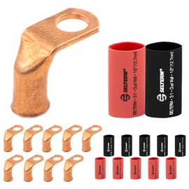 SELTERM 10pcs - 4 AWG 5/16" Stud - 90° Bent Battery Lugs - Ring Terminal Connectors with 12pcs 3:1 Black & Red 1/2" Heat Shrink Tubing - Heavy Duty Battery Cable Ends - Bare Copper Wire Connectors Kit