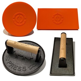 Burger Press Smash Burger Press for Blackstone Griddle Heavy Duty Cast Iron 7.08”Round & 8.5" X 4.3" Rectangular Grill Press Bacon Press with Wood Handle and Silicone Protective Cover