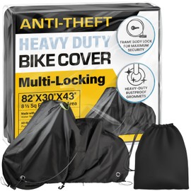 Waterproof Bicycle Cover for Outdoor Storage - Fits 1 or 2 Mountain, Road, Electric Bikes - Anti Theft Lock Holes for Frame Body & Wheels - Premium Heavy Duty Ripstop Fabric. For Rain or Snow.