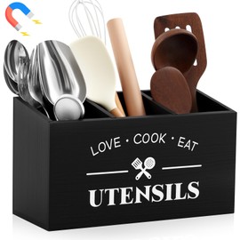Colingmill Magnetic Utensil Holder Silverware Organizer for Fridge Kitchen Counter Wooden Silverware Holder with 3 Compartments for Fork Spoon Spatula