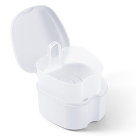 JMU Denture Bath Case, Denture Cup for Soaking Dentures with Strainer Basket Tray for Dentures, Mouth Guard Storage Case, White