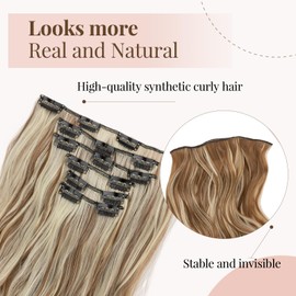 TESS Hair Extensions Clip in Natural Curly Heat Resistant Synthetic Fiber Hairpieces for Women UK 6PCS 16 Clips 22 Inch 150g #6H613 Balayage Light Brown & Bleached Blonde