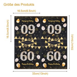 Pack of 60 Komoke Premium Napkins Black Gold "Happy Birthday" | 60th Birthday Decoration Napkins (33 x 33 cm) | Elegant Table Decoration for Women & Men | Luxury Party Napkins Birthday