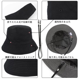 Glitovox Large Size Bucket Hat, Men's Bucket Hat, Cotton, Deep Hat, UV Protection, UPF50+, Outdoor, Safari Hat, Large, Deep, Women's, Double-Sided Wearable, Big Size, Chin Strap, 22.4 - 25.2 inches