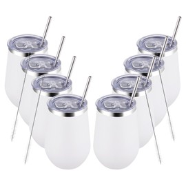MEWAY Stemless 12oz Insulated Wine Tumbler with Lid and Straw - Double Wall Stainless Steel Thermal Cups, Travel wine glasses, Ideal for Bridal and Baby Shower Game Prizes(White,Set of 8)