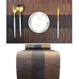 PIGCHCY Elegant Placemats with Matching Table Runner,Washable Durable Plastic Placemats for Dining Table Sets(6pcs Placemats+1pcs Table Runner, Brown)